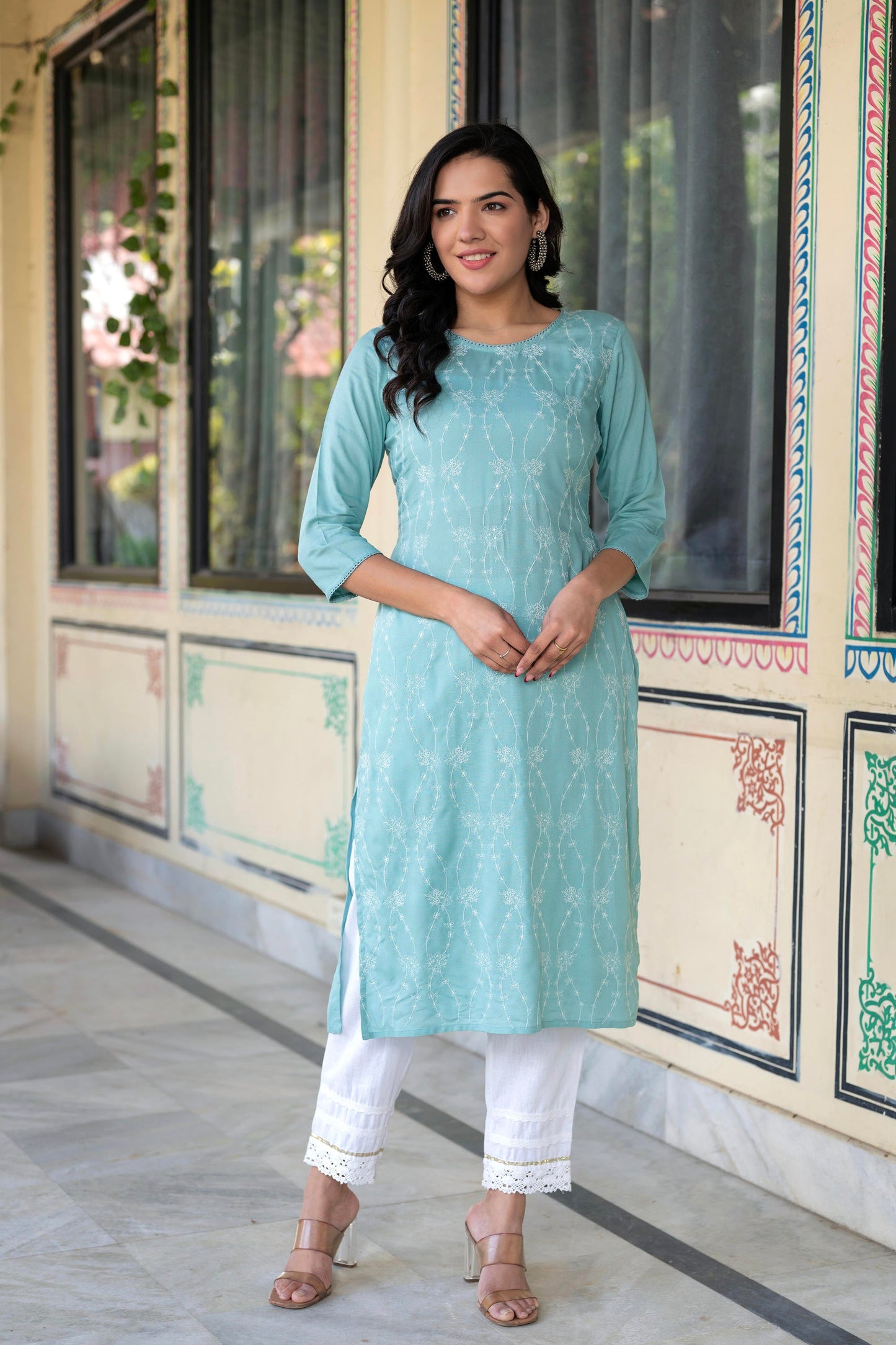 Juniper Aqua Embroidered Floral Viscose Kurta with Sequins & Cotton Lace - Distacart