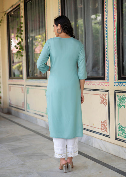 Juniper Aqua Embroidered Floral Viscose Kurta with Sequins & Cotton Lace - Distacart
