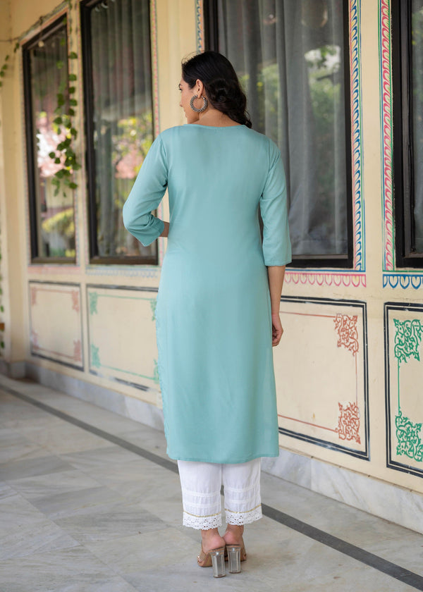 Juniper Aqua Embroidered Floral Viscose Kurta with Sequins & Cotton Lace - Distacart