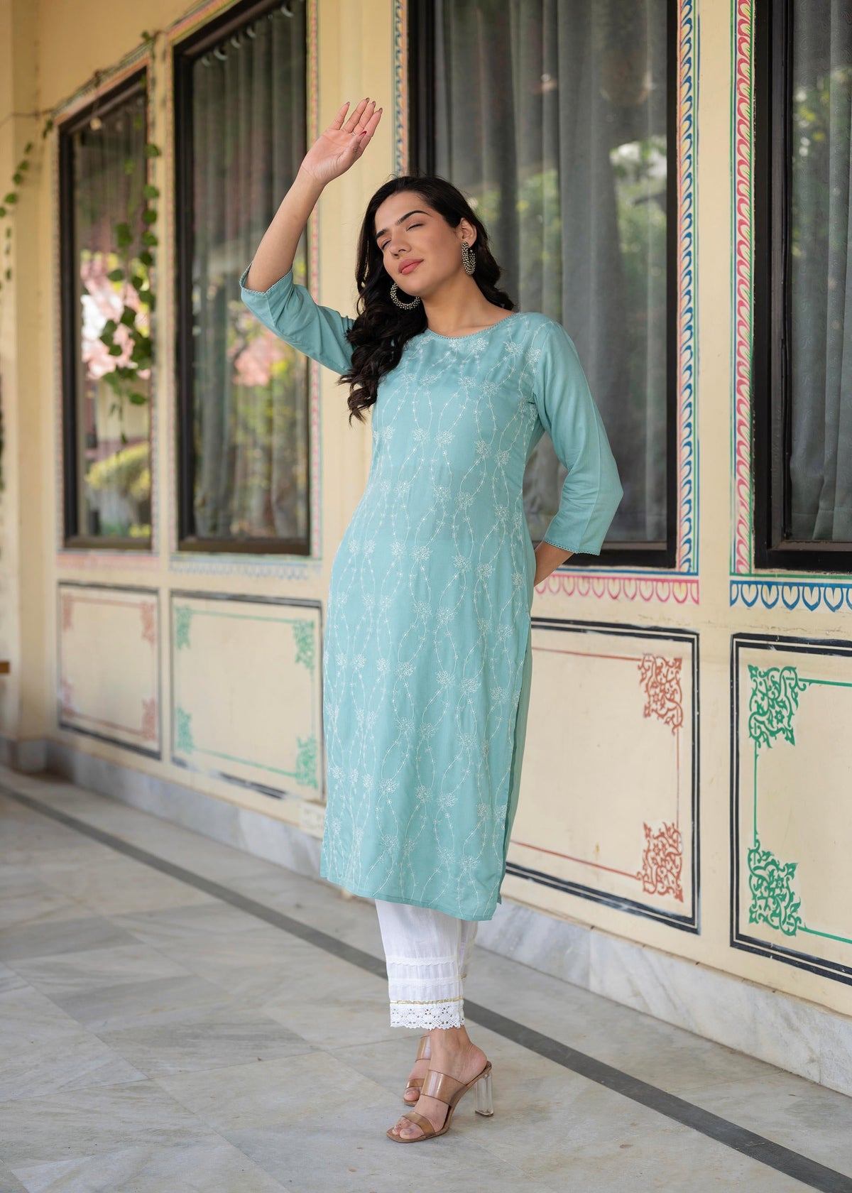 Juniper Aqua Embroidered Floral Viscose Kurta with Sequins & Cotton Lace - Distacart