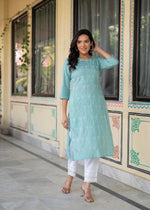 Thumbnail for Juniper Aqua Embroidered Floral Viscose Kurta with Sequins & Cotton Lace - Distacart