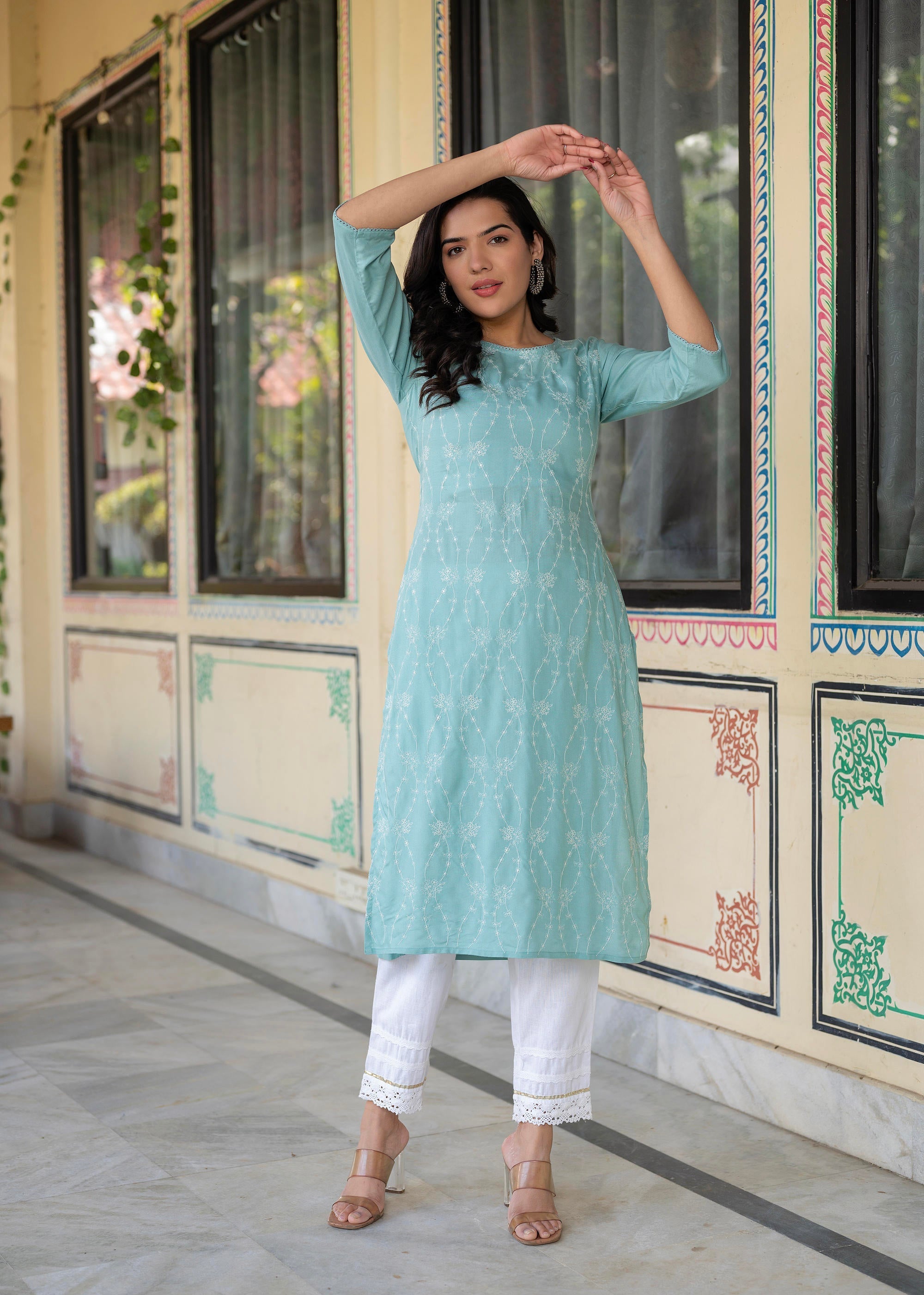 Juniper Aqua Embroidered Floral Viscose Kurta with Sequins & Cotton Lace - Distacart