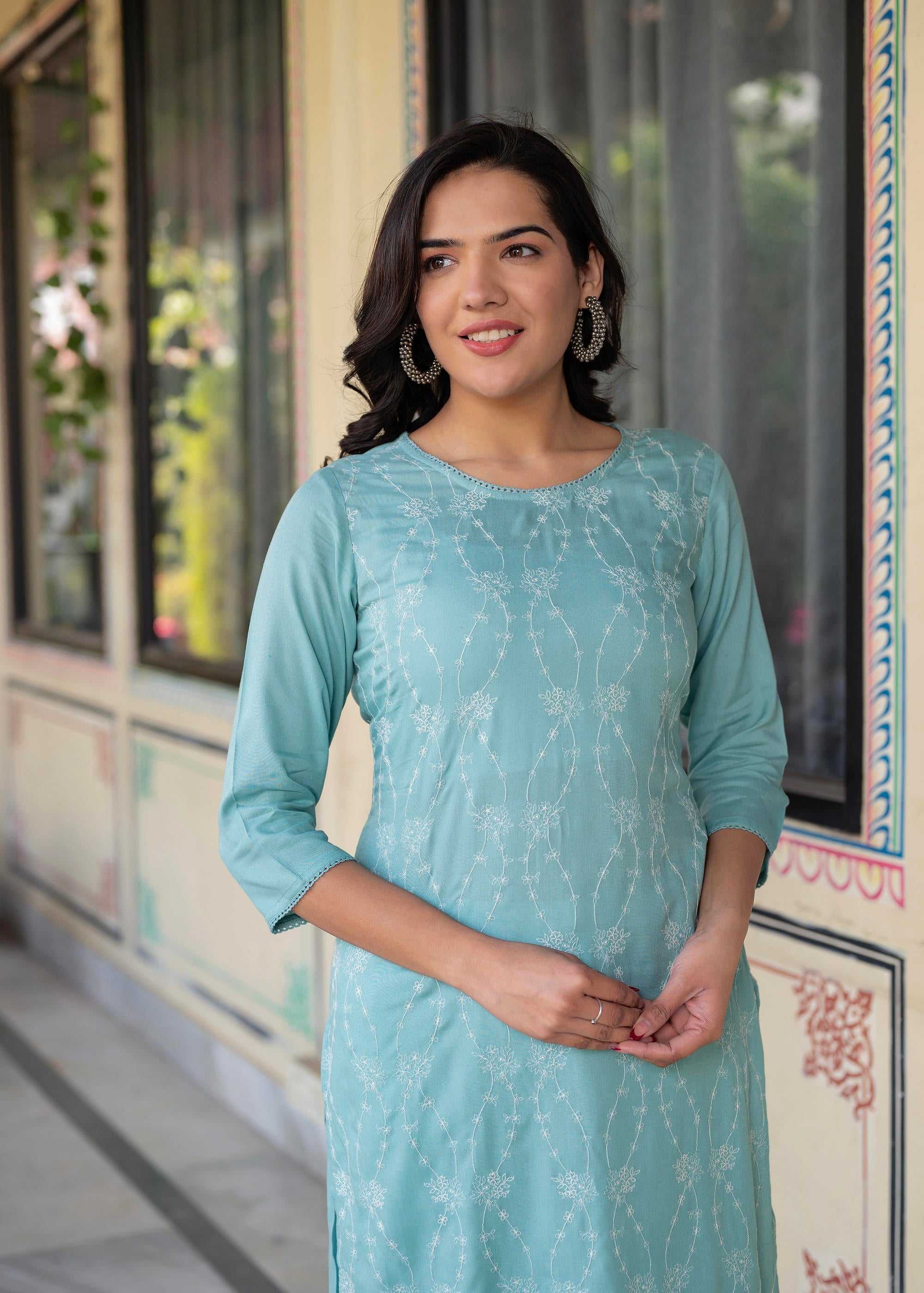 Juniper Aqua Embroidered Floral Viscose Kurta with Sequins & Cotton Lace - Distacart