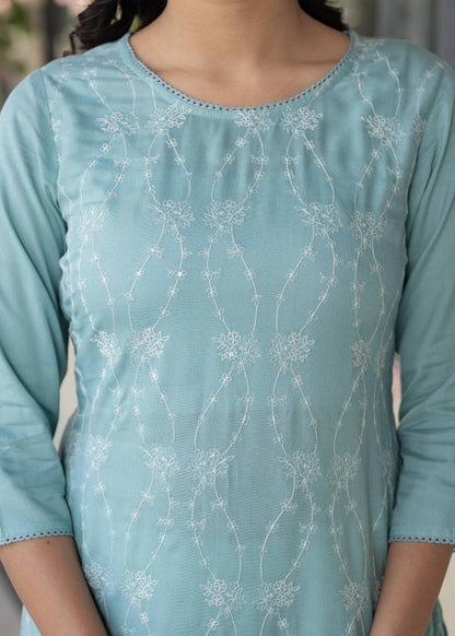 Juniper Aqua Embroidered Floral Viscose Kurta with Sequins & Cotton Lace - Distacart