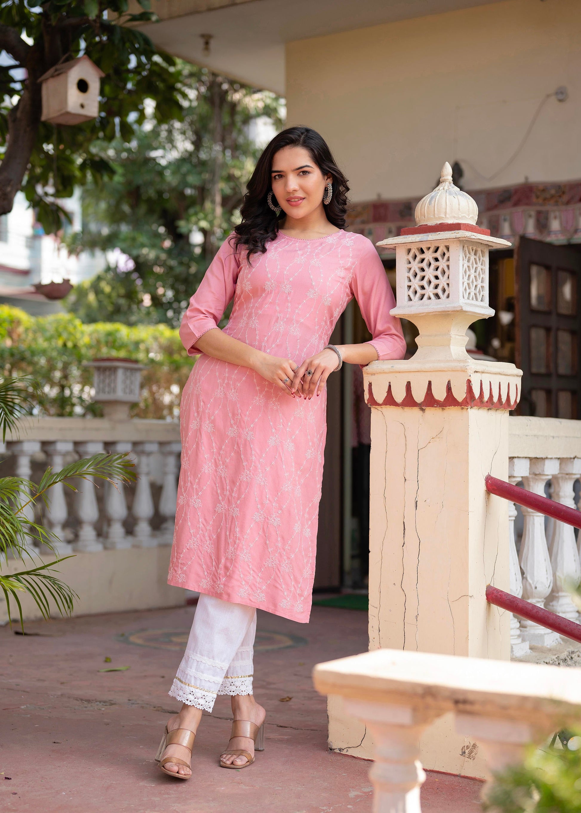Juniper Onion Pink Embroidered Viscose Kurta with Sequins & Cotton Lace - Distacart