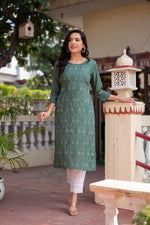 Thumbnail for Juniper Sage Green Embroidered Viscose Kurta with Sequins & Cotton Lace - Distacart