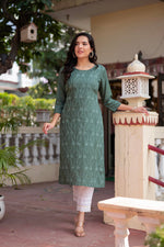 Thumbnail for Juniper Sage Green Embroidered Viscose Kurta With Sequins & Cotton Lace - Distacart