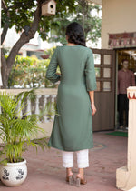 Thumbnail for Juniper Sage Green Embroidered Viscose Kurta with Sequins & Cotton Lace - Distacart