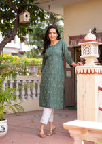 Thumbnail for Juniper Sage Green Embroidered Viscose Kurta with Sequins & Cotton Lace - Distacart