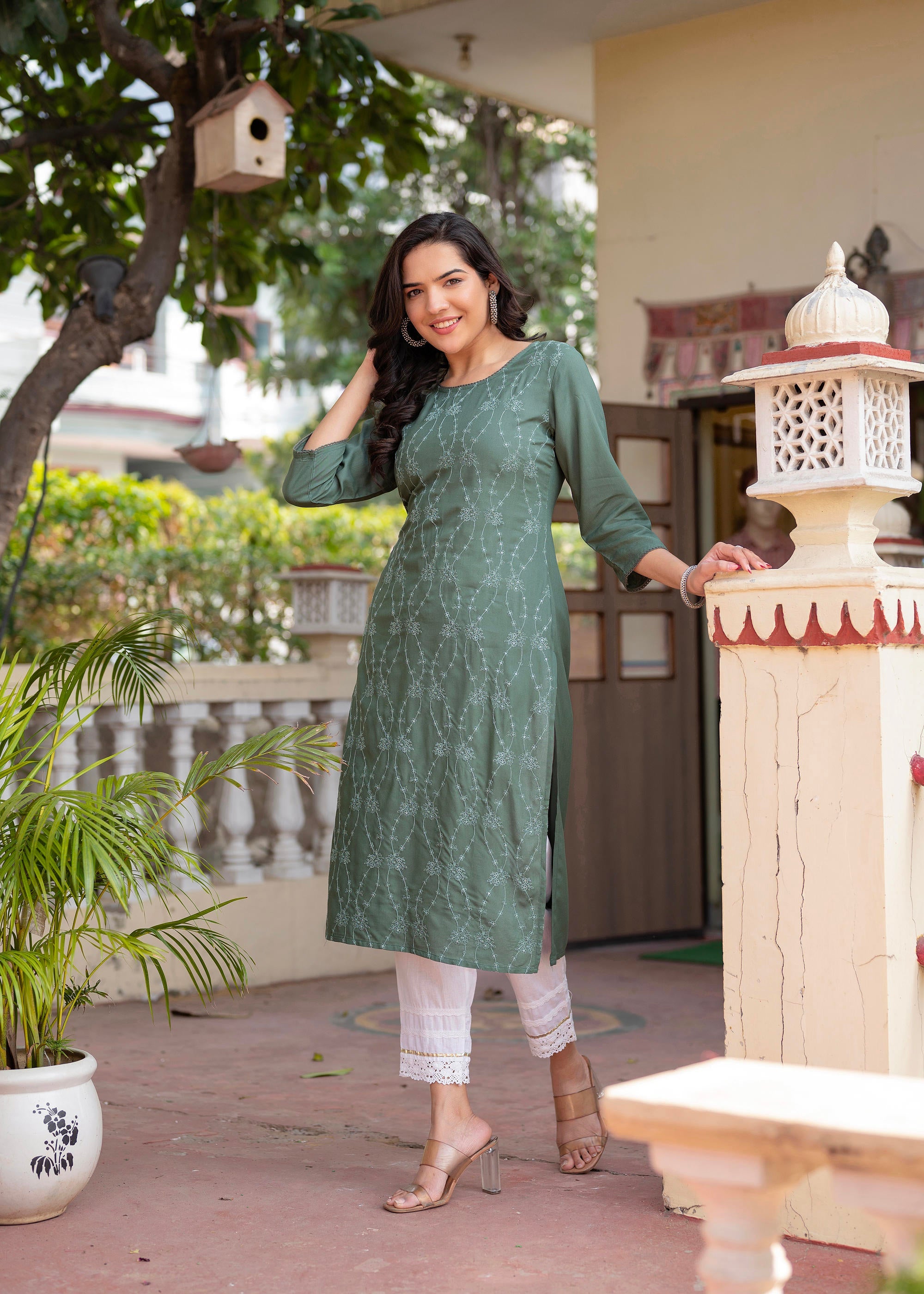 Juniper Sage Green Embroidered Viscose Kurta with Sequins & Cotton Lace - Distacart