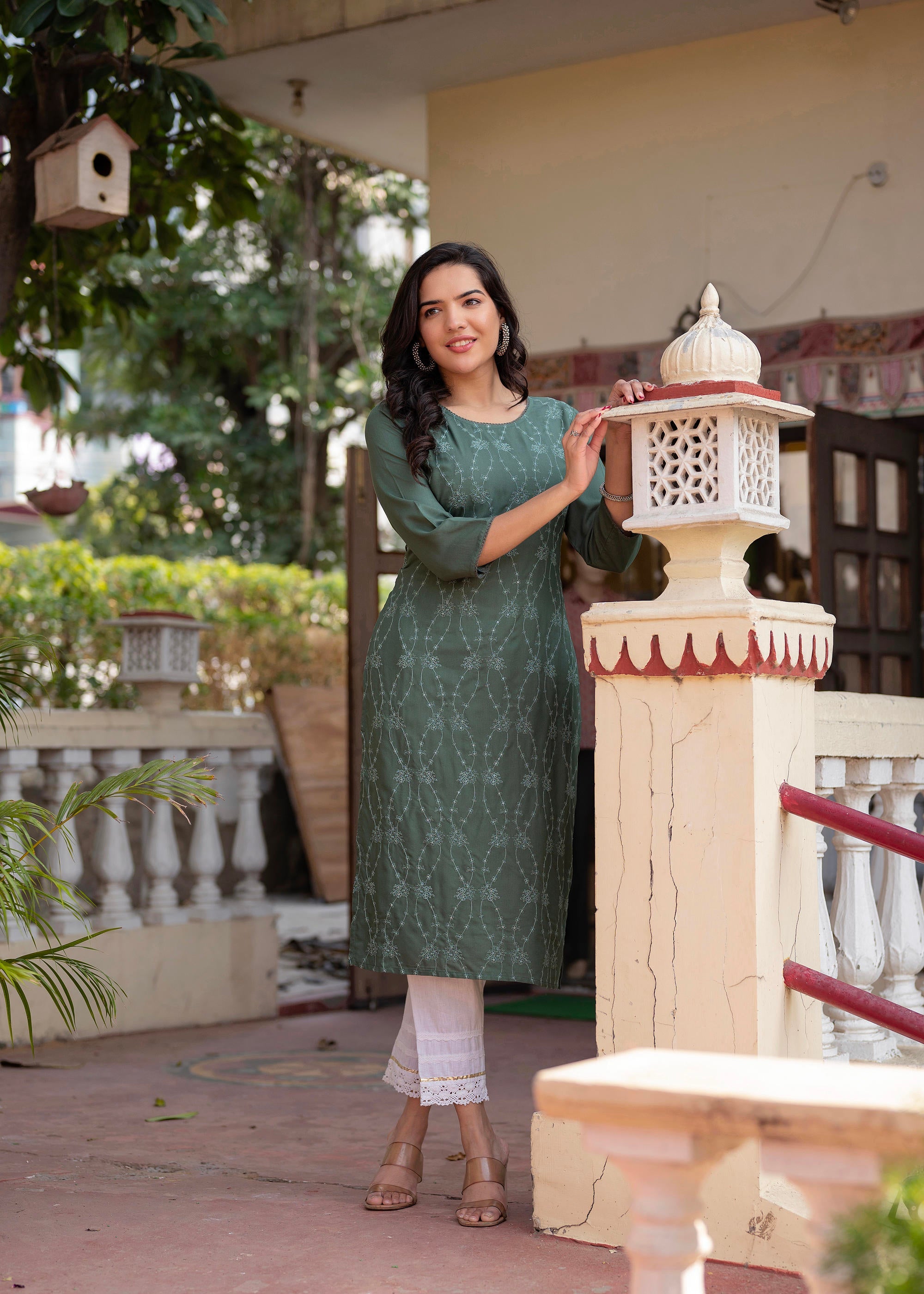 Juniper Sage Green Embroidered Viscose Kurta with Sequins & Cotton Lace - Distacart