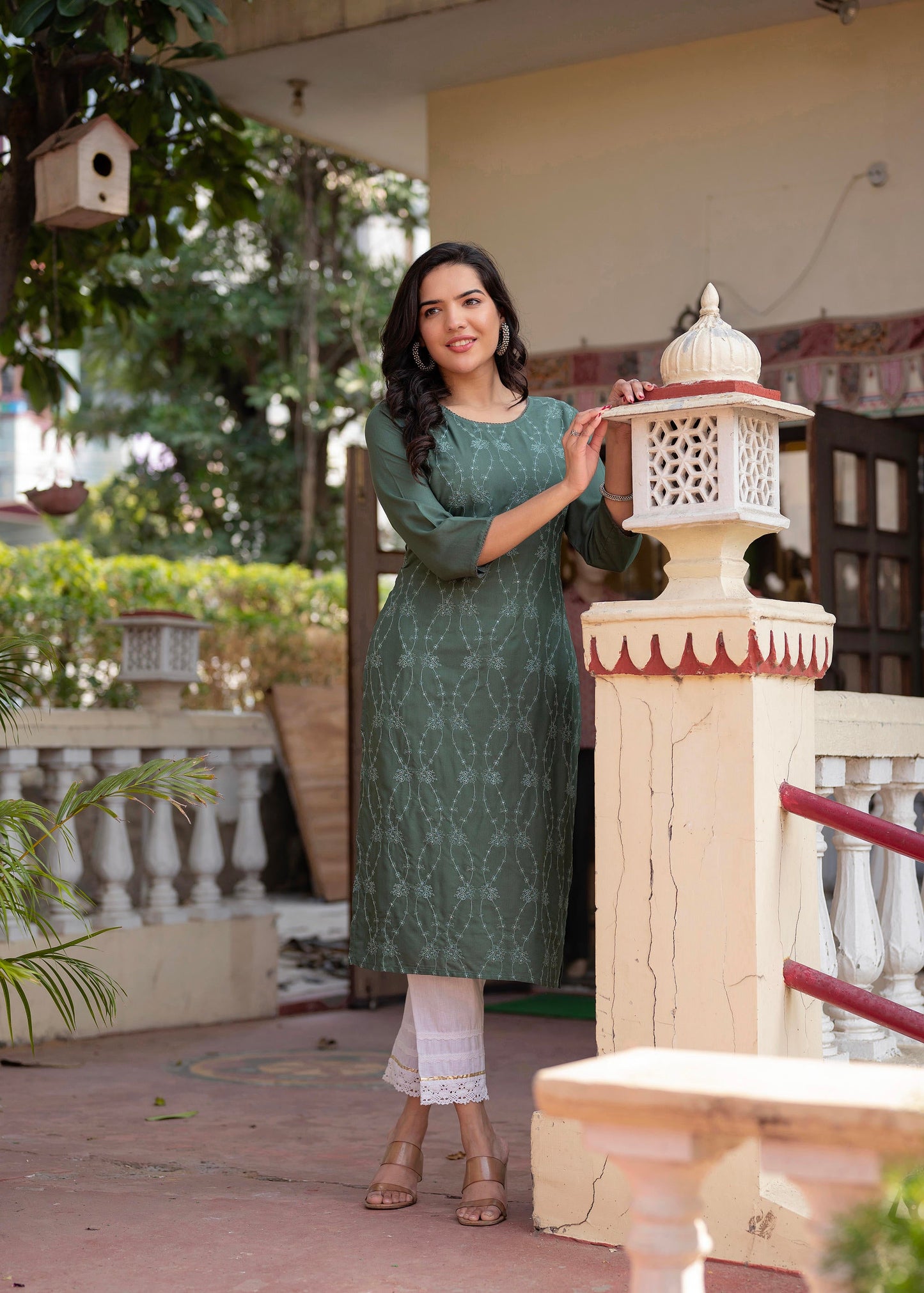 Juniper Sage Green Embroidered Viscose Kurta with Sequins & Cotton Lace - Distacart