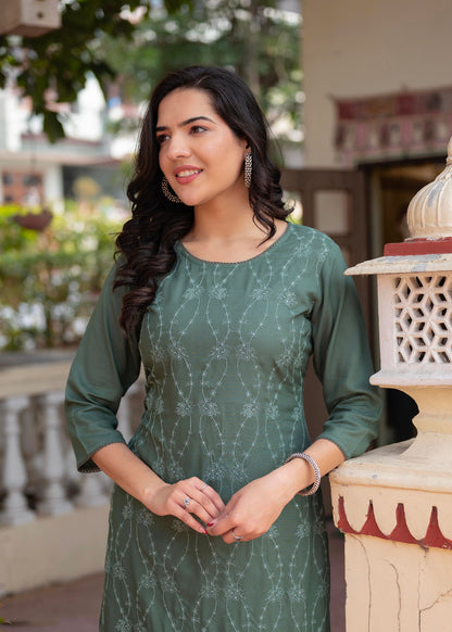 Juniper Sage Green Embroidered Viscose Kurta with Sequins & Cotton Lace - Distacart