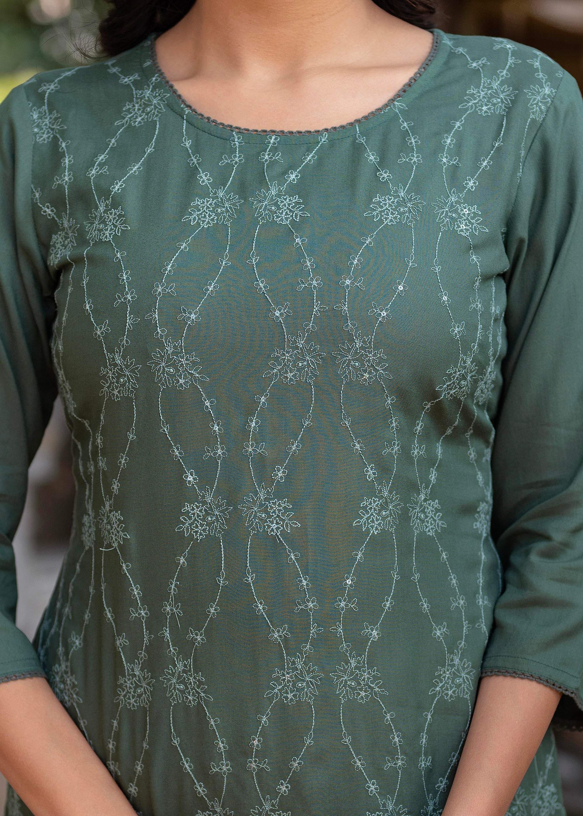 Juniper Sage Green Embroidered Viscose Kurta with Sequins & Cotton Lace - Distacart