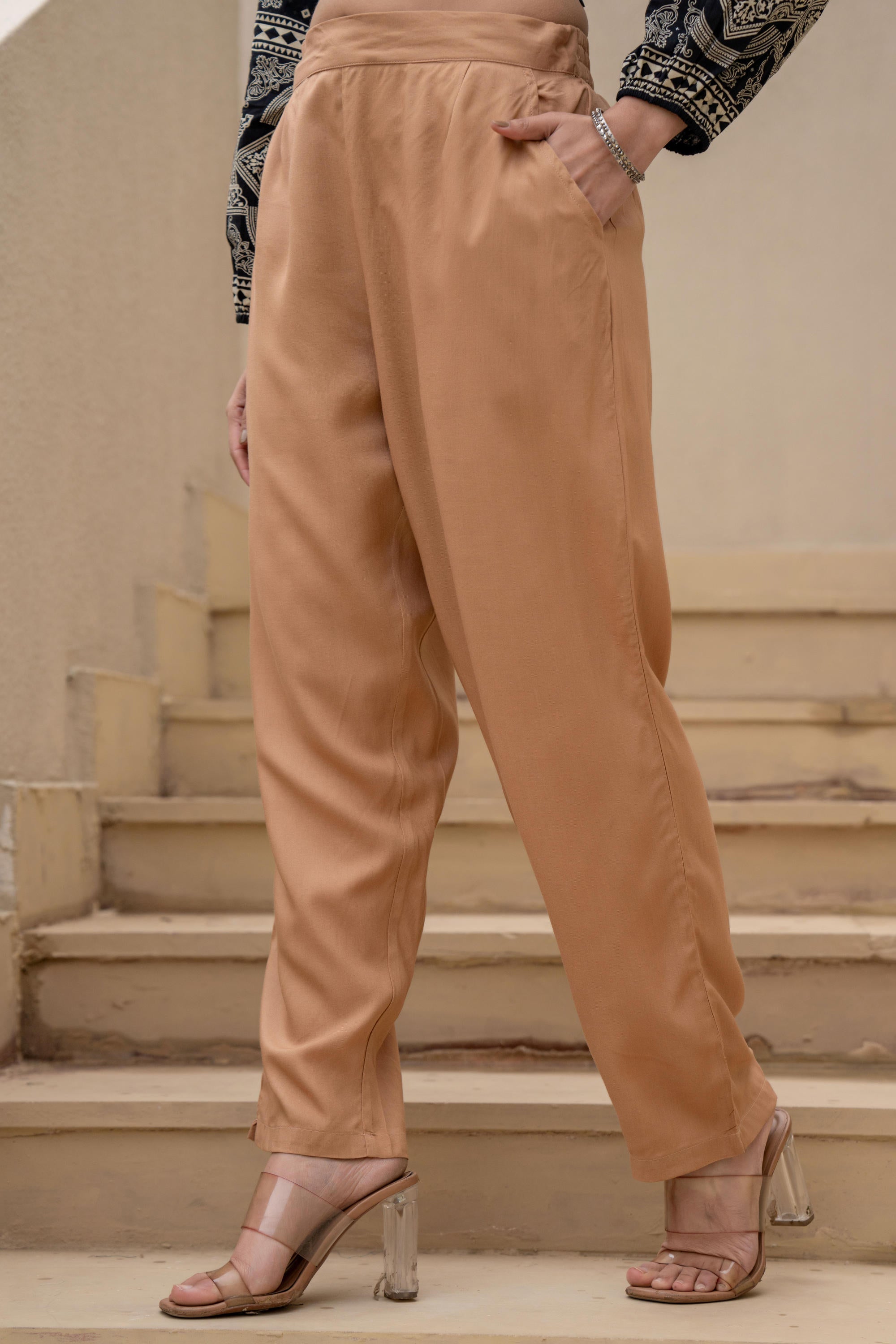 Juniper Beige Solid Viscose Pants