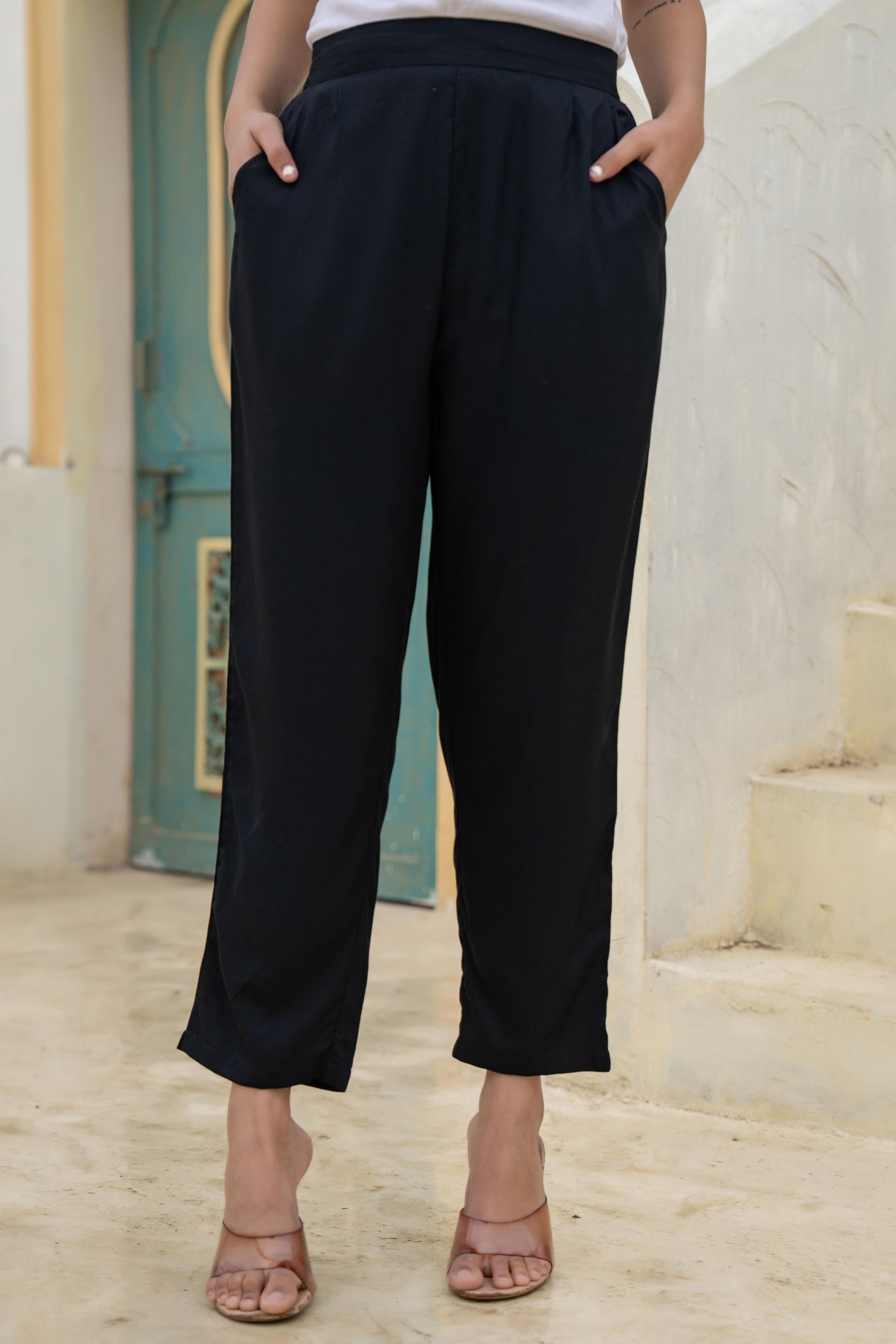 Juniper Black Solid Viscose Pants - Distacart