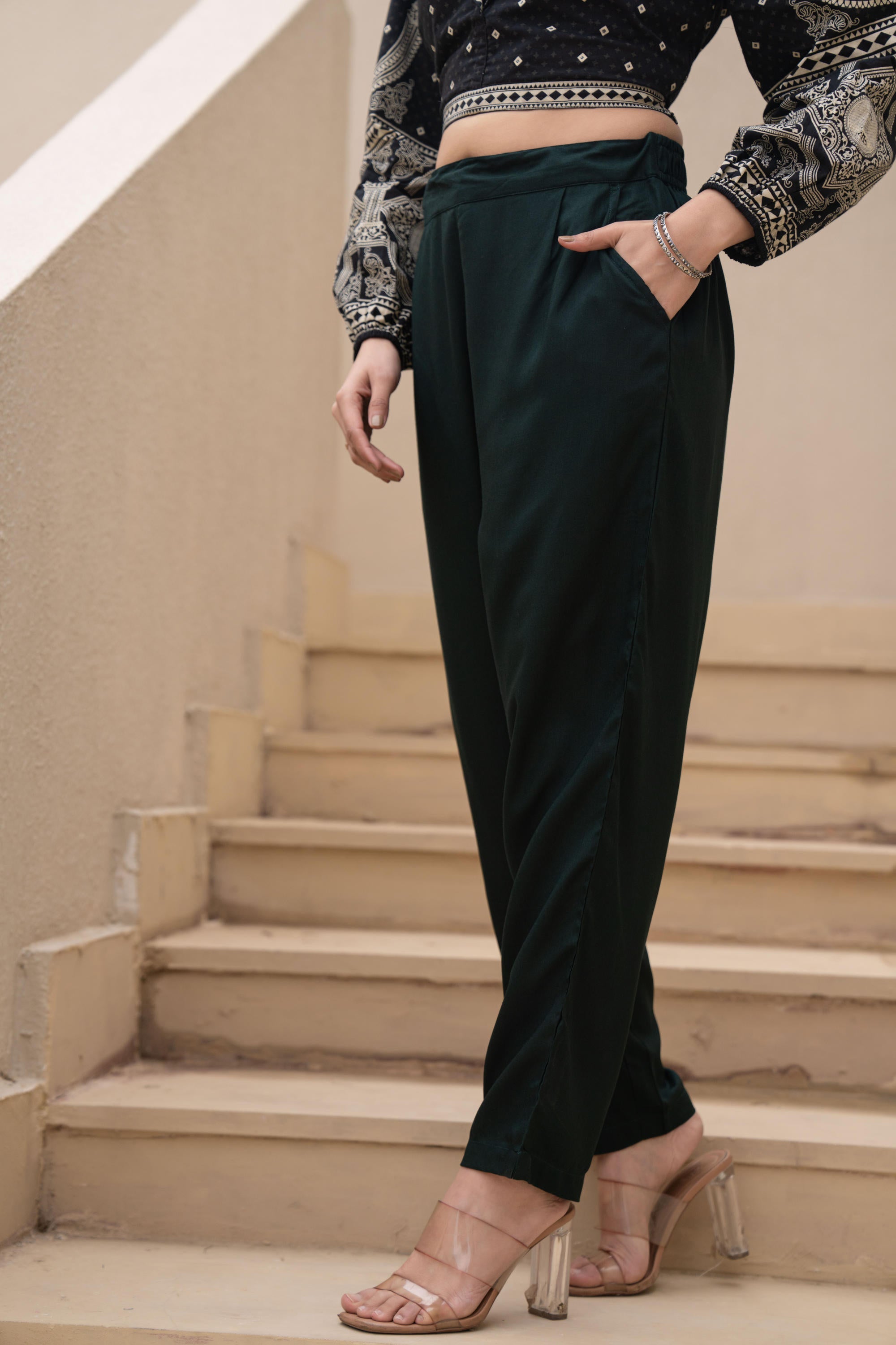 Juniper Bottle Green Solid Viscose Pants - Distacart