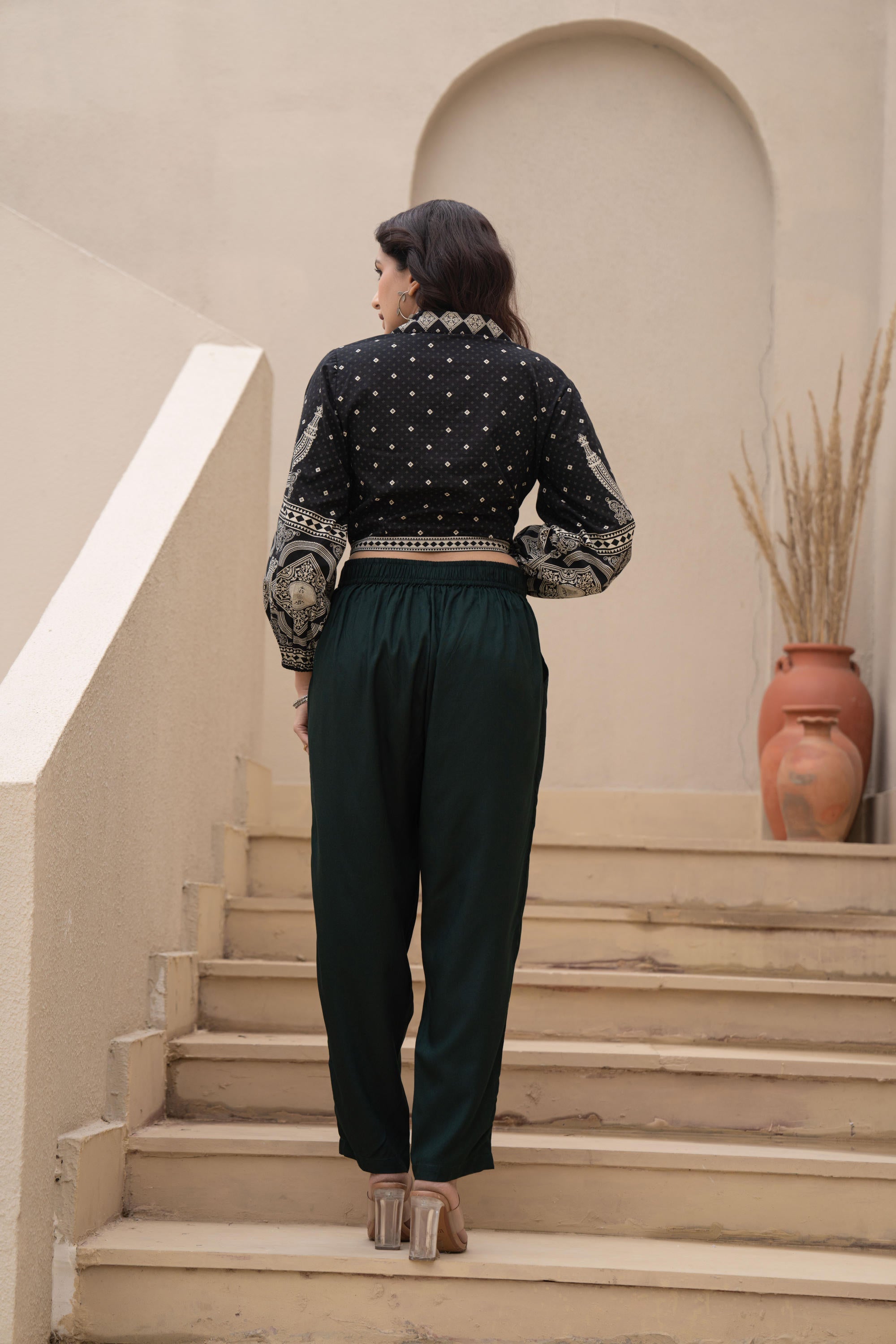 Juniper Bottle Green Solid Viscose Pants