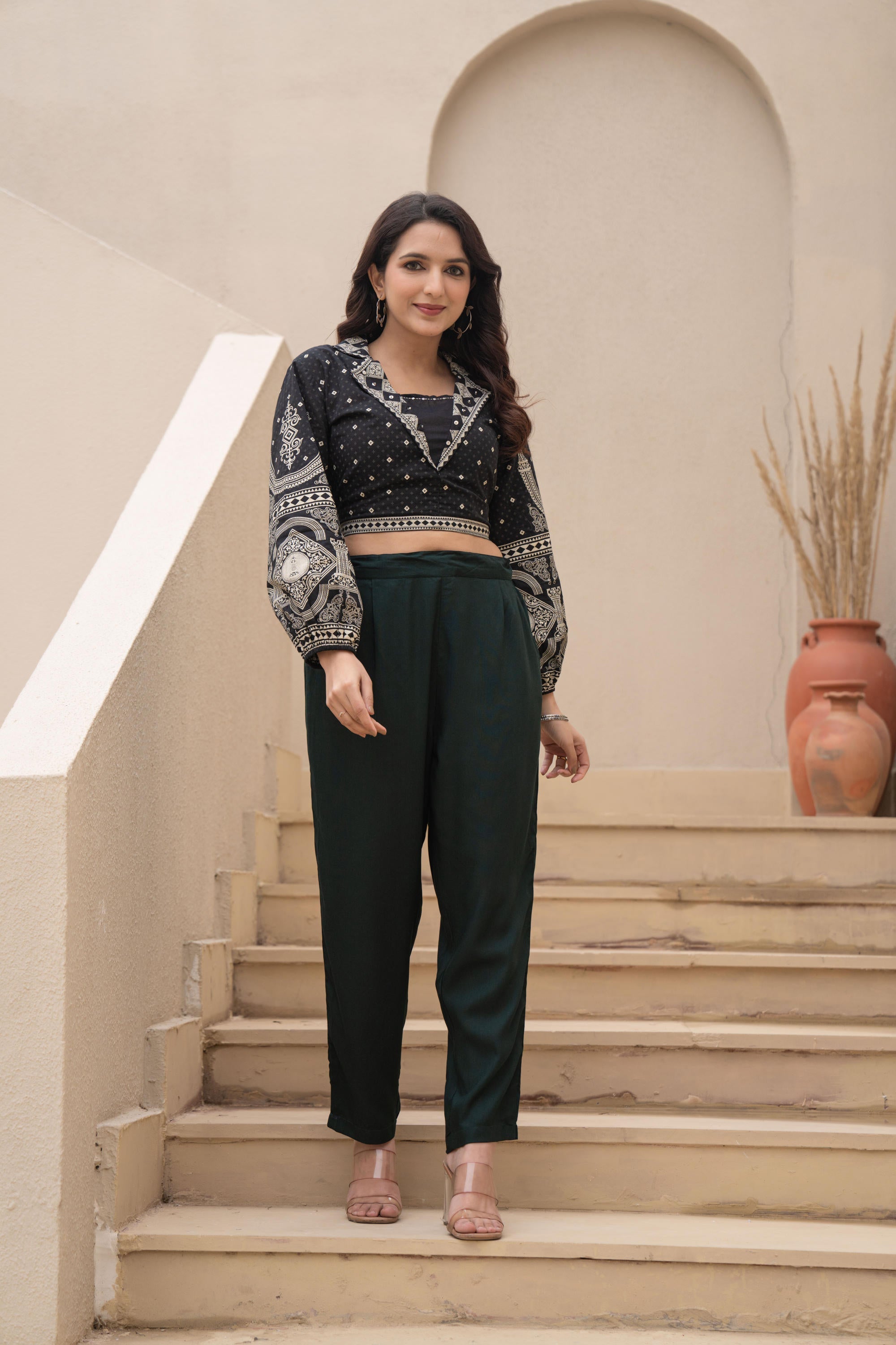 Juniper Bottle Green Solid Viscose Pants