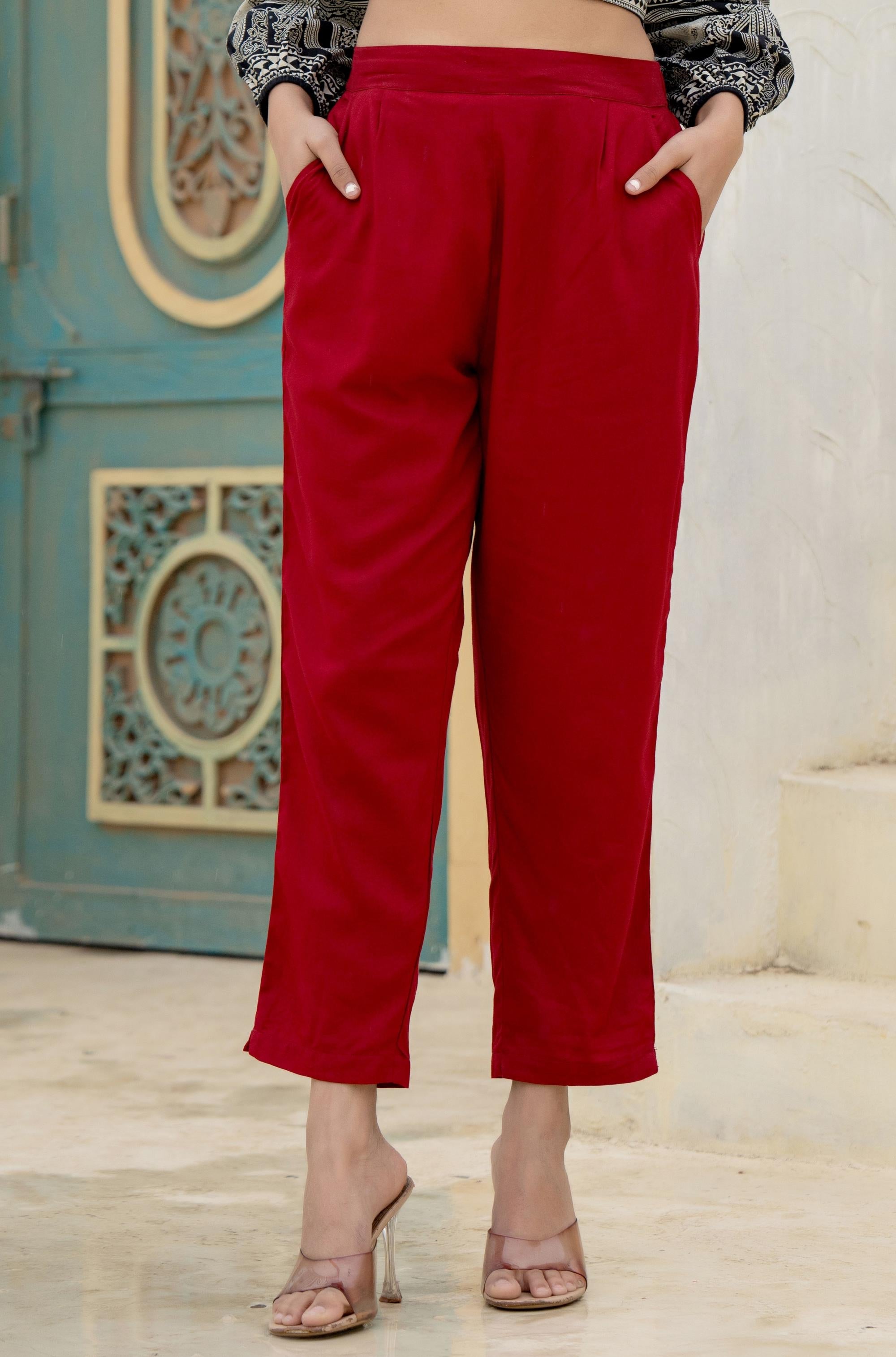 Juniper Maroon Solid Viscose Pants - Distacart