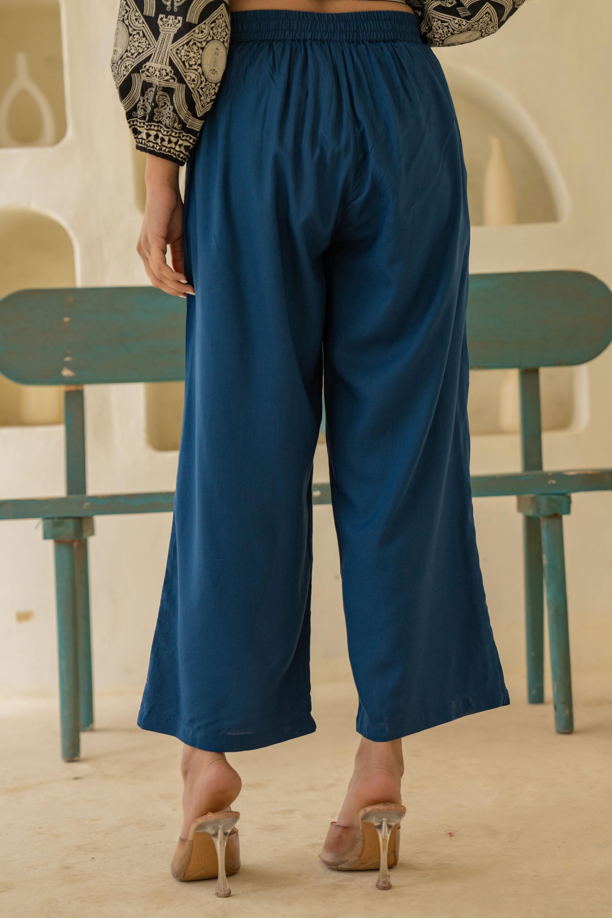 Juniper Navy Solid Viscose Palazzo Pants