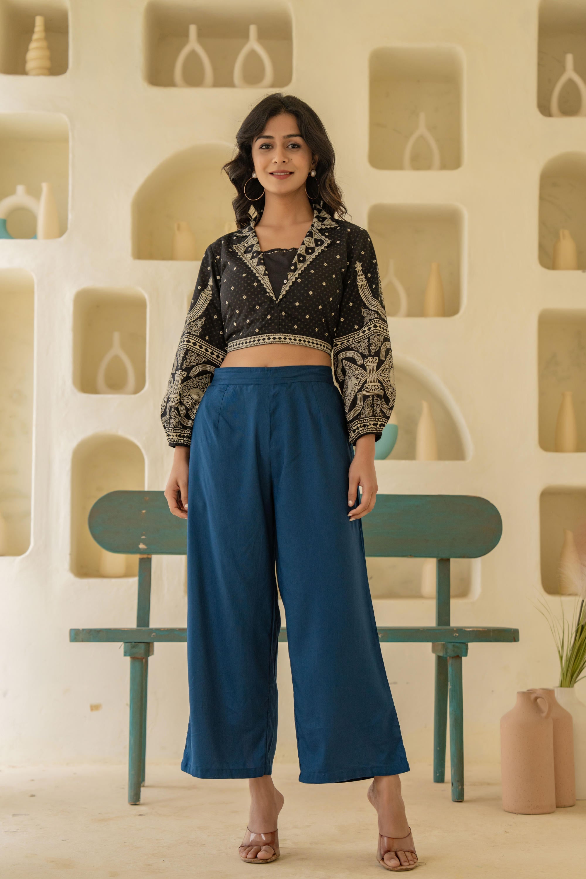 Juniper Navy Solid Viscose Palazzo Pants