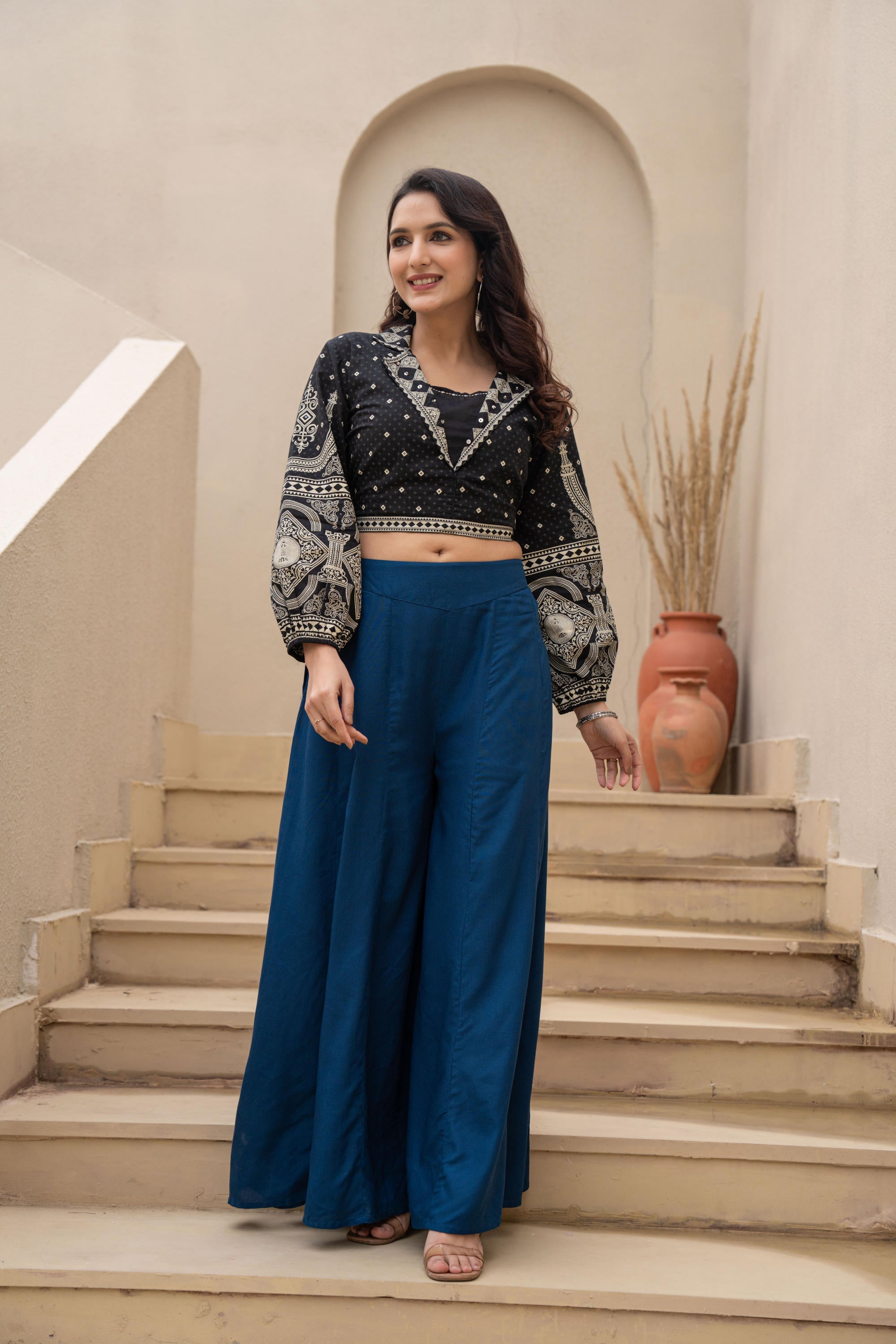 Juniper Navy Solid Viscose Palazzo Pants