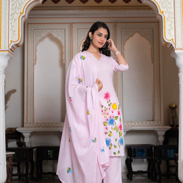 Juniper Baby Pink Hand-Painted Floral Kurta with Cotton Slub Palazzo & Cotton Voile Dupatta - Distacart