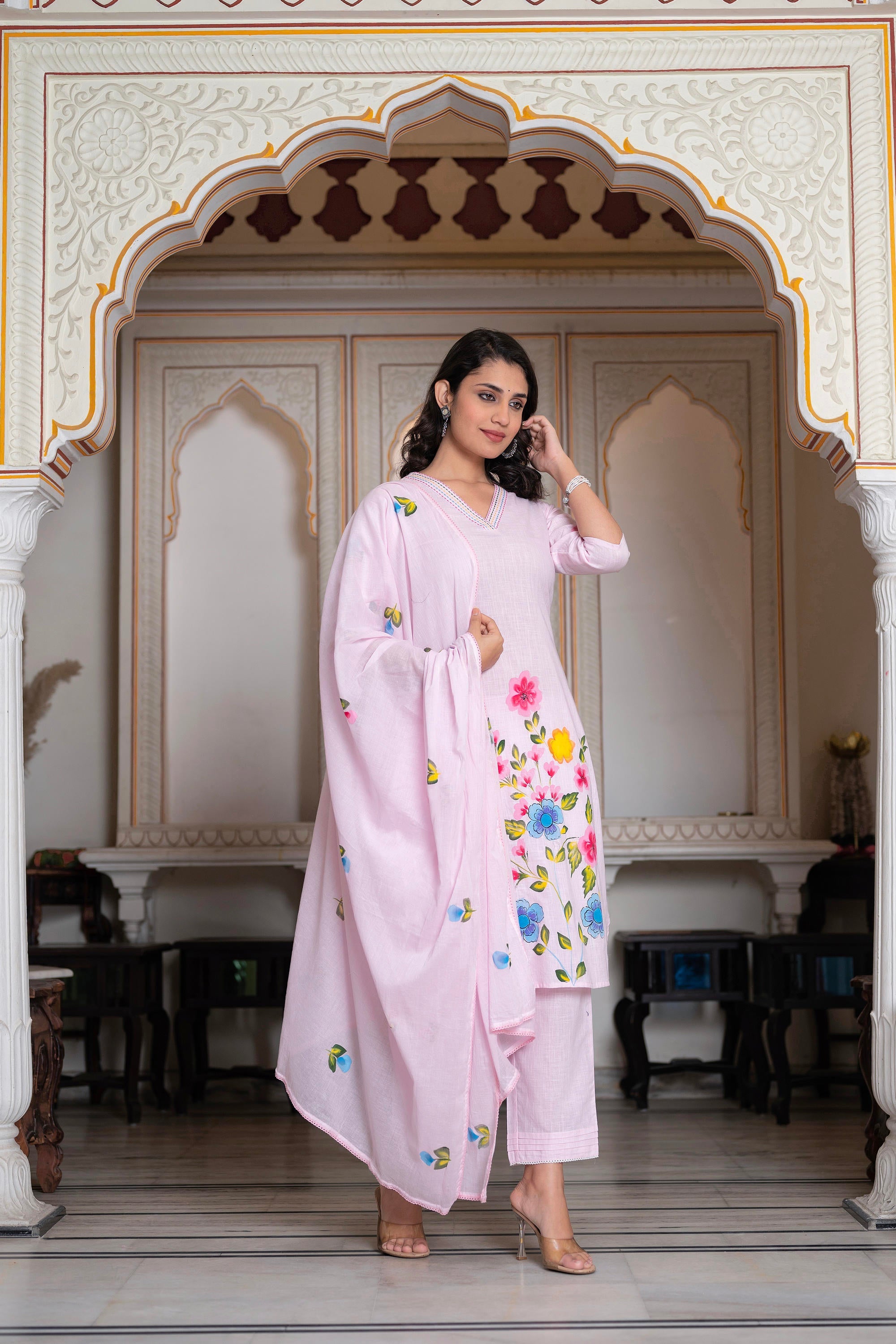 Juniper Baby Pink Hand-Painted Floral Kurta With Cotton Slub Palazzo & Cotton Voile Dupatta - Distacart