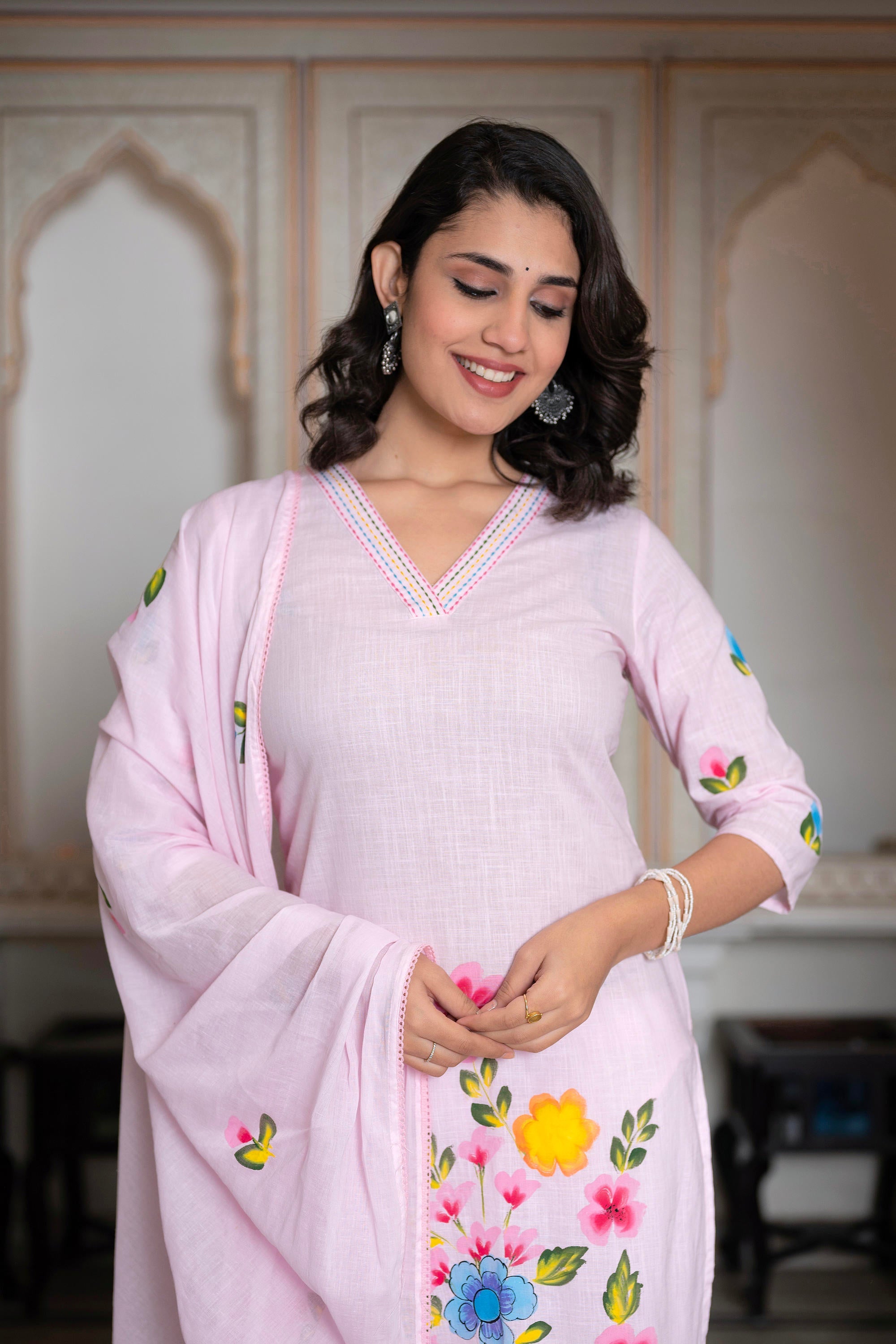 Juniper Baby Pink Hand-Painted Floral Kurta With Cotton Slub Palazzo & Cotton Voile Dupatta
