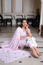 Thumbnail for Juniper Baby Pink Hand-Painted Floral Kurta With Cotton Slub Palazzo & Cotton Voile Dupatta