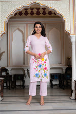 Thumbnail for Juniper Baby Pink Hand-Painted Floral Kurta With Cotton Slub Palazzo & Cotton Voile Dupatta