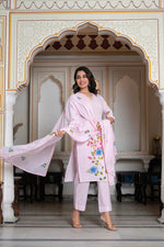 Thumbnail for Juniper Baby Pink Hand-Painted Floral Kurta with Cotton Slub Palazzo & Cotton Voile Dupatta - Distacart