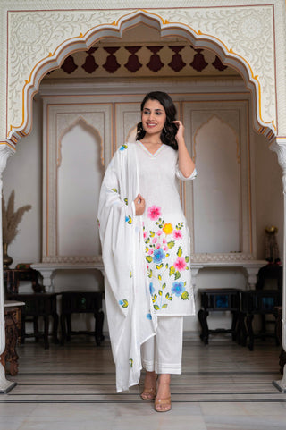 Juniper White Hand-Painted Floral Cotton Kurta with Palazzo & Lace Details - Distacart