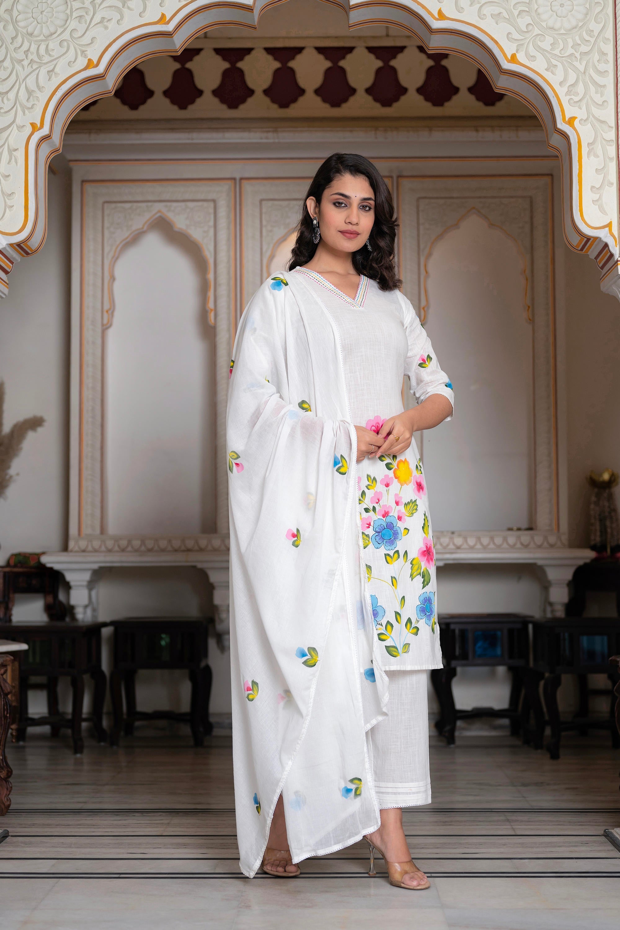 Juniper White Hand-Painted Floral Cotton Kurta with Palazzo & Lace Details - Distacart