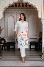Thumbnail for Juniper White Hand-Painted Floral Cotton Kurta with Palazzo & Lace Details - Distacart