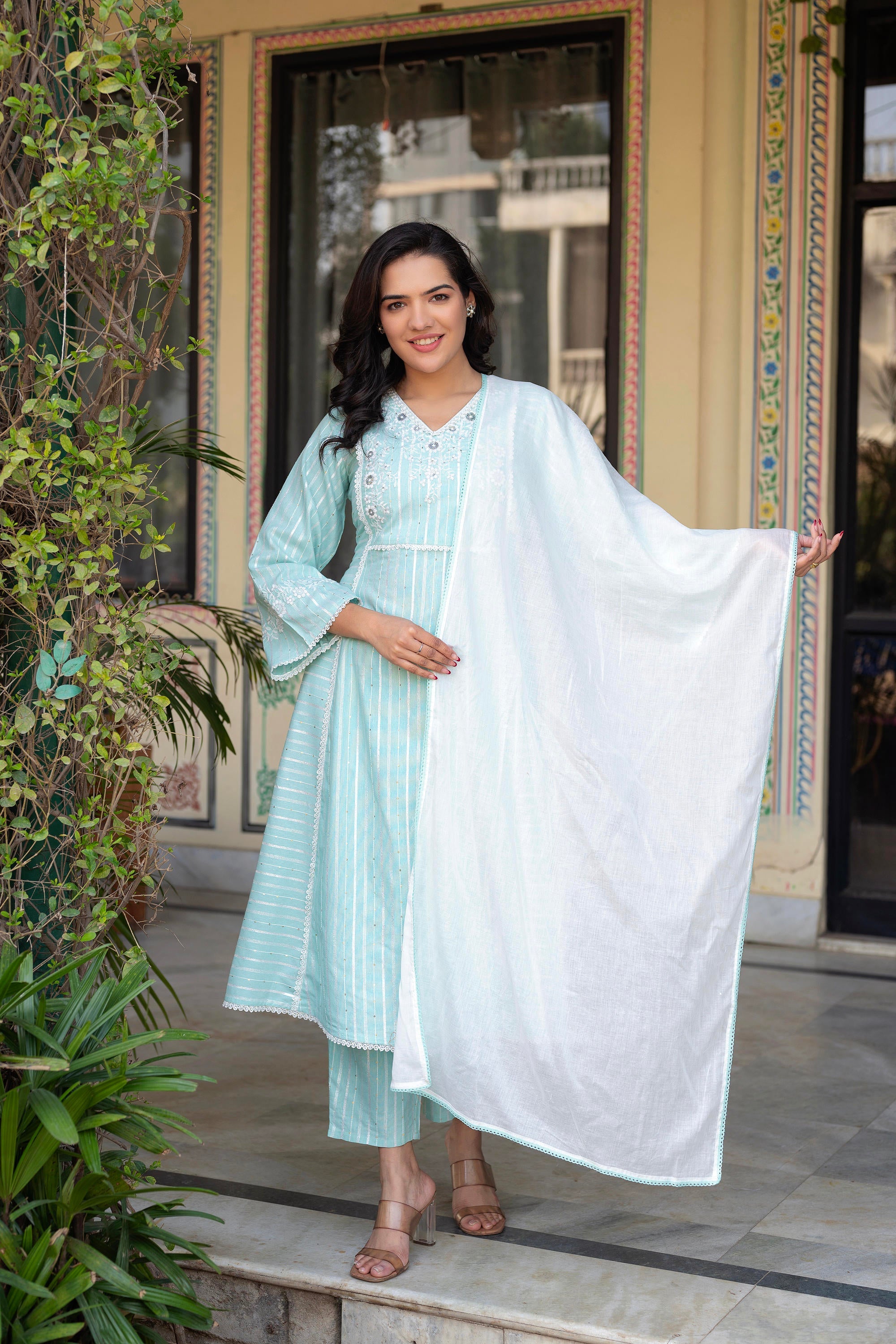 Juniper Mint Brocade Embroidered Kurta-Palazzo & Dupatta Set with Cotton Lace & Sequins - Distacart