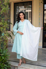 Thumbnail for Juniper Mint Brocade Embroidered Kurta-Palazzo & Dupatta Set With Cotton Lace & Sequins - Distacart