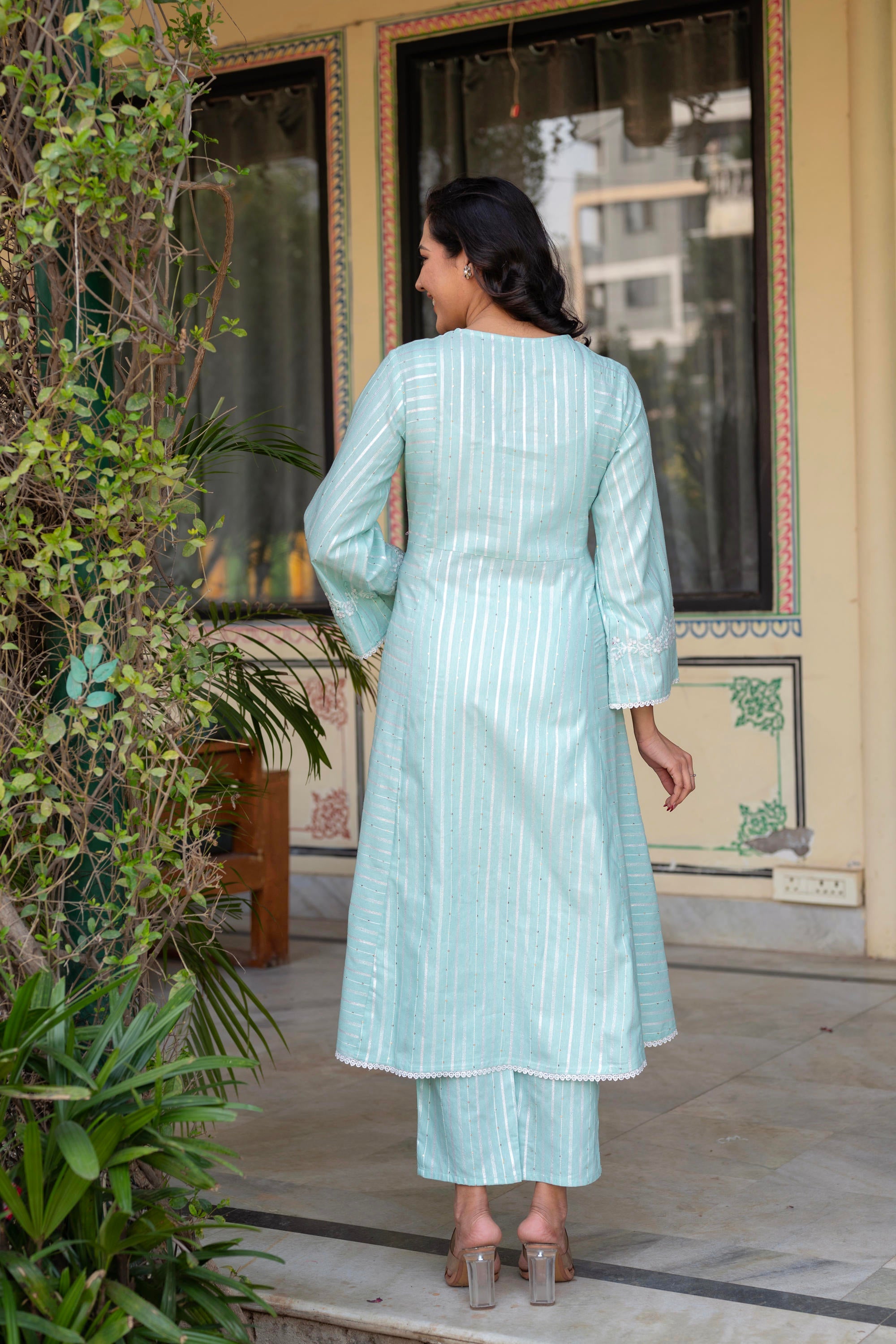 Juniper Mint Brocade Embroidered Kurta-Palazzo & Dupatta Set with Cotton Lace & Sequins - Distacart