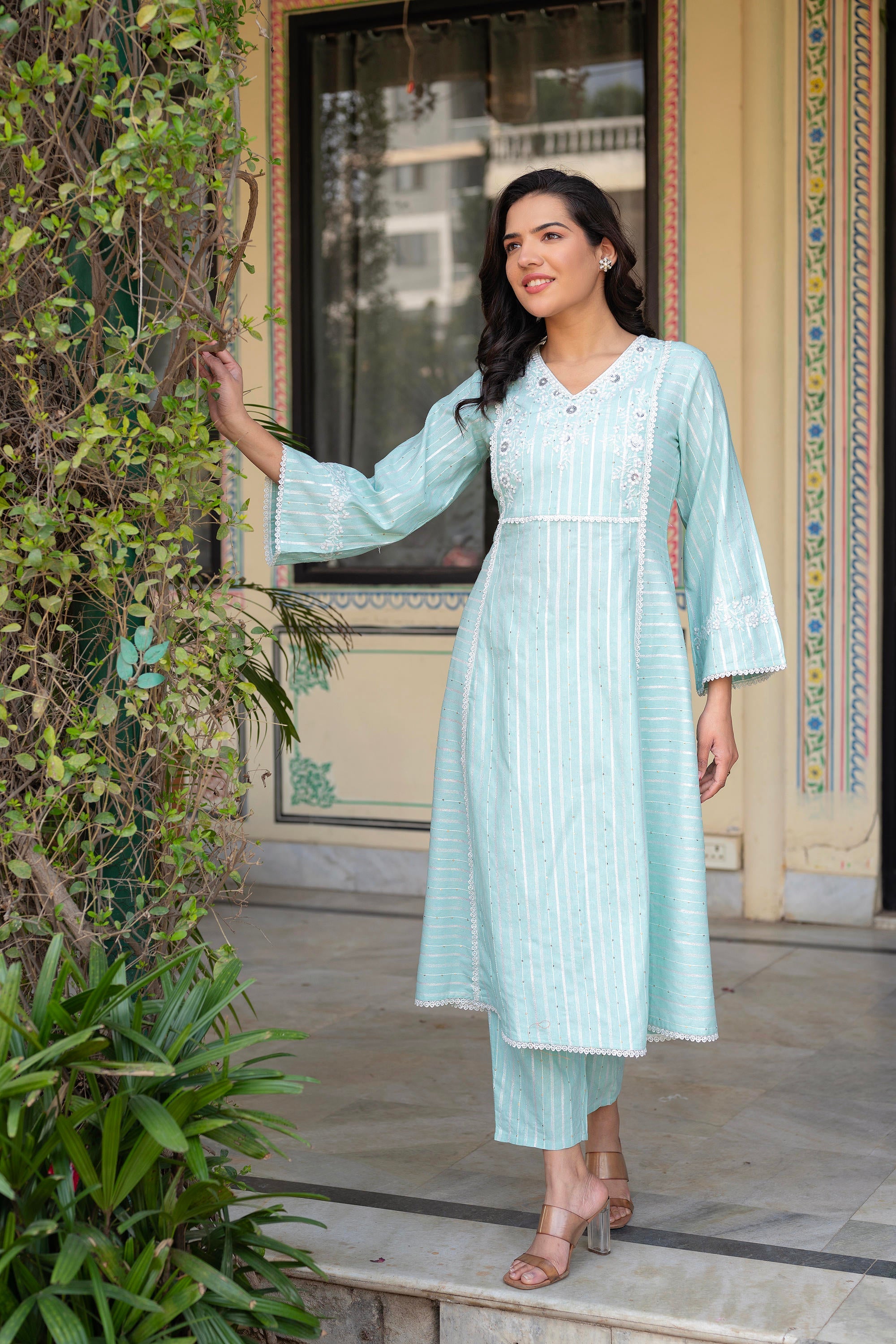 Juniper Mint Brocade Embroidered Kurta-Palazzo & Dupatta Set With Cotton Lace & Sequins - Distacart