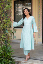 Thumbnail for Juniper Mint Brocade Embroidered Kurta-Palazzo & Dupatta Set With Cotton Lace & Sequins - Distacart