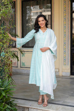 Thumbnail for Juniper Mint Brocade Embroidered Kurta-Palazzo & Dupatta Set With Cotton Lace & Sequins - Distacart