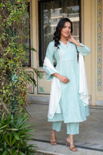 Thumbnail for Juniper Mint Brocade Embroidered Kurta-Palazzo & Dupatta Set With Cotton Lace & Sequins - Distacart