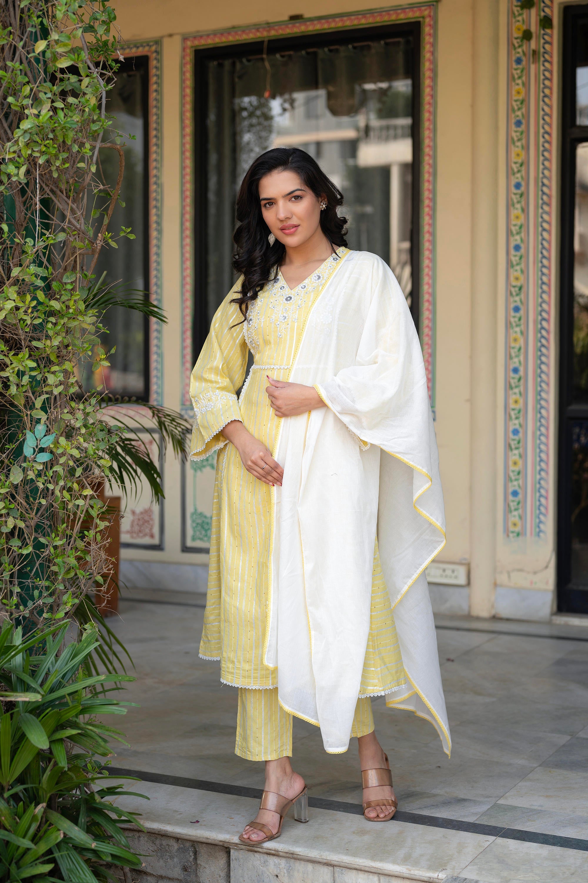 Juniper Mustard Brocade Embroidered Kurta-Palazzo & Dupatta Set with Thread Work, Cotton Lace & Sequins - Distacart