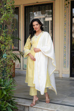 Thumbnail for Juniper Mustard Brocade Embroidered Kurta-Palazzo & Dupatta Set with Thread Work, Cotton Lace & Sequins - Distacart