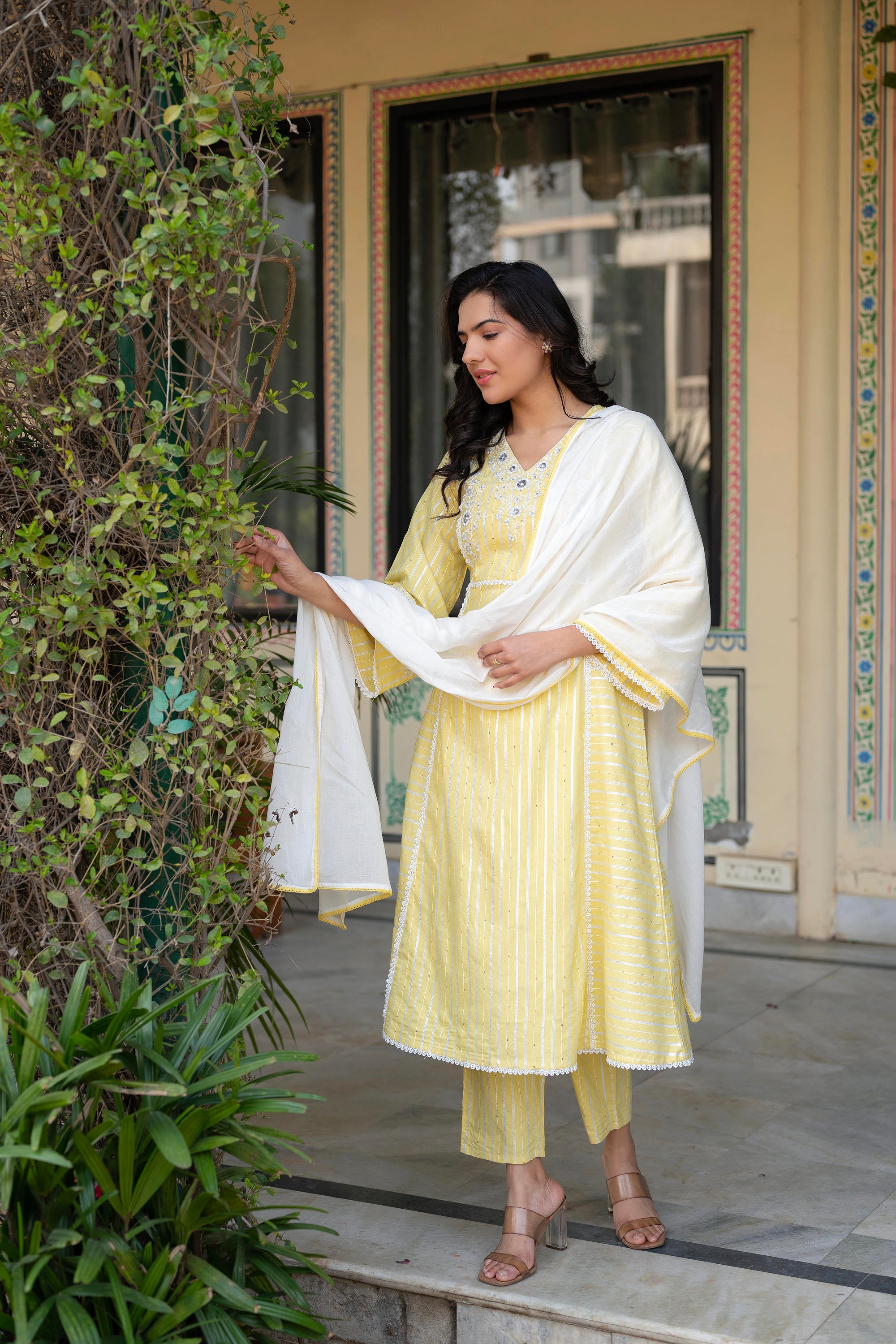 Juniper Mustard Brocade Embroidered Kurta-Palazzo & Dupatta Set With Thread Work, Cotton Lace & Sequins - Distacart