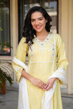 Thumbnail for Juniper Mustard Brocade Embroidered Kurta-Palazzo & Dupatta Set with Thread Work, Cotton Lace & Sequins - Distacart