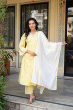 Thumbnail for Juniper Mustard Brocade Embroidered Kurta-Palazzo & Dupatta Set with Thread Work, Cotton Lace & Sequins - Distacart