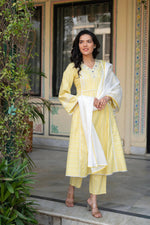 Thumbnail for Juniper Mustard Brocade Embroidered Kurta-Palazzo & Dupatta Set with Thread Work, Cotton Lace & Sequins - Distacart