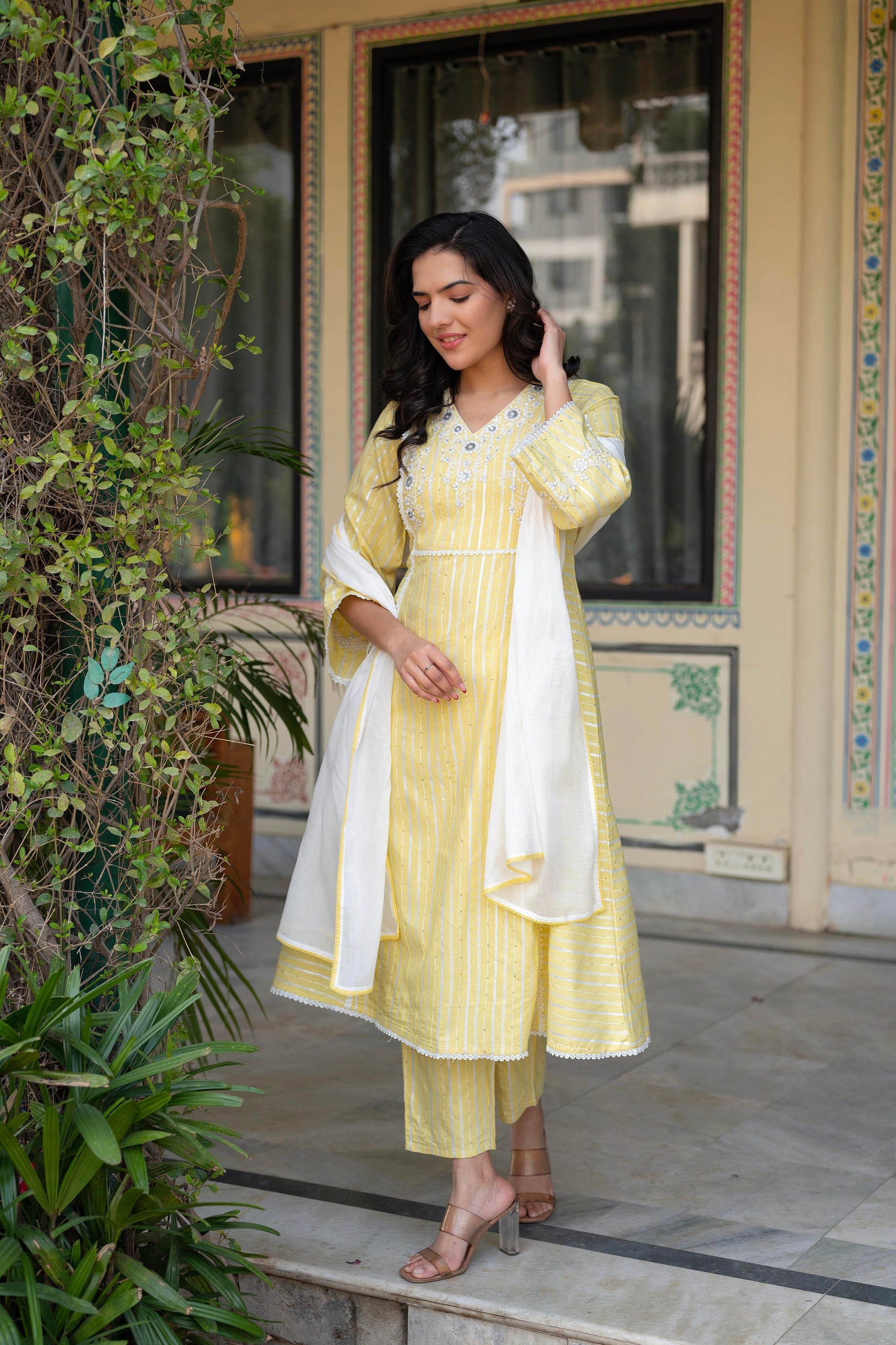 Juniper Mustard Brocade Embroidered Kurta-Palazzo & Dupatta Set with Thread Work, Cotton Lace & Sequins - Distacart